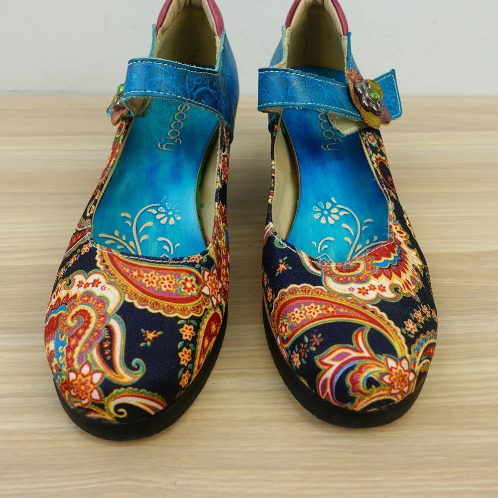 Paisley Mary Jane Pumps Womens 8 Blue Boho Festival Block Heel Artisan SOCOFY 39